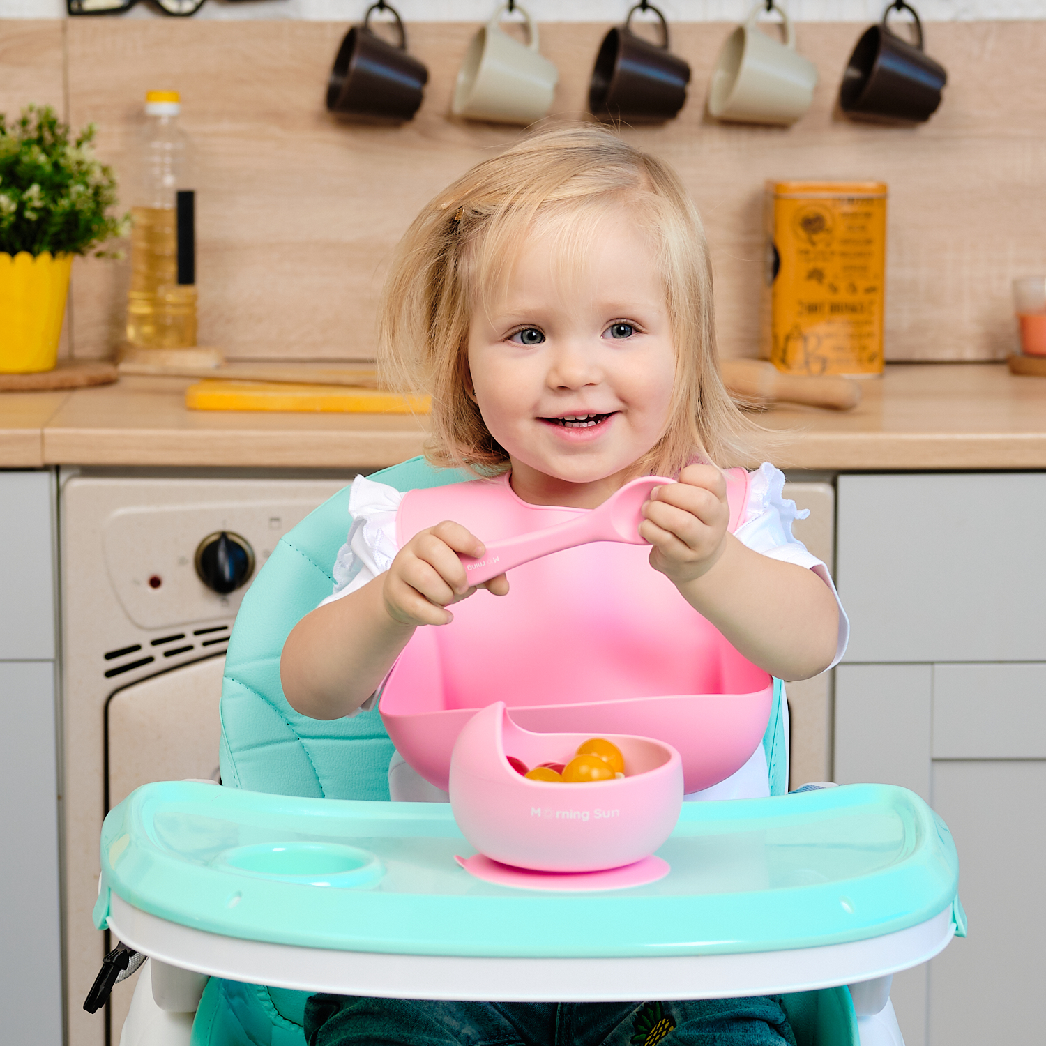 Набор для кормления Morning Sun силиконовый нагрудник тарелка и ложечка детская розовый - фото 11