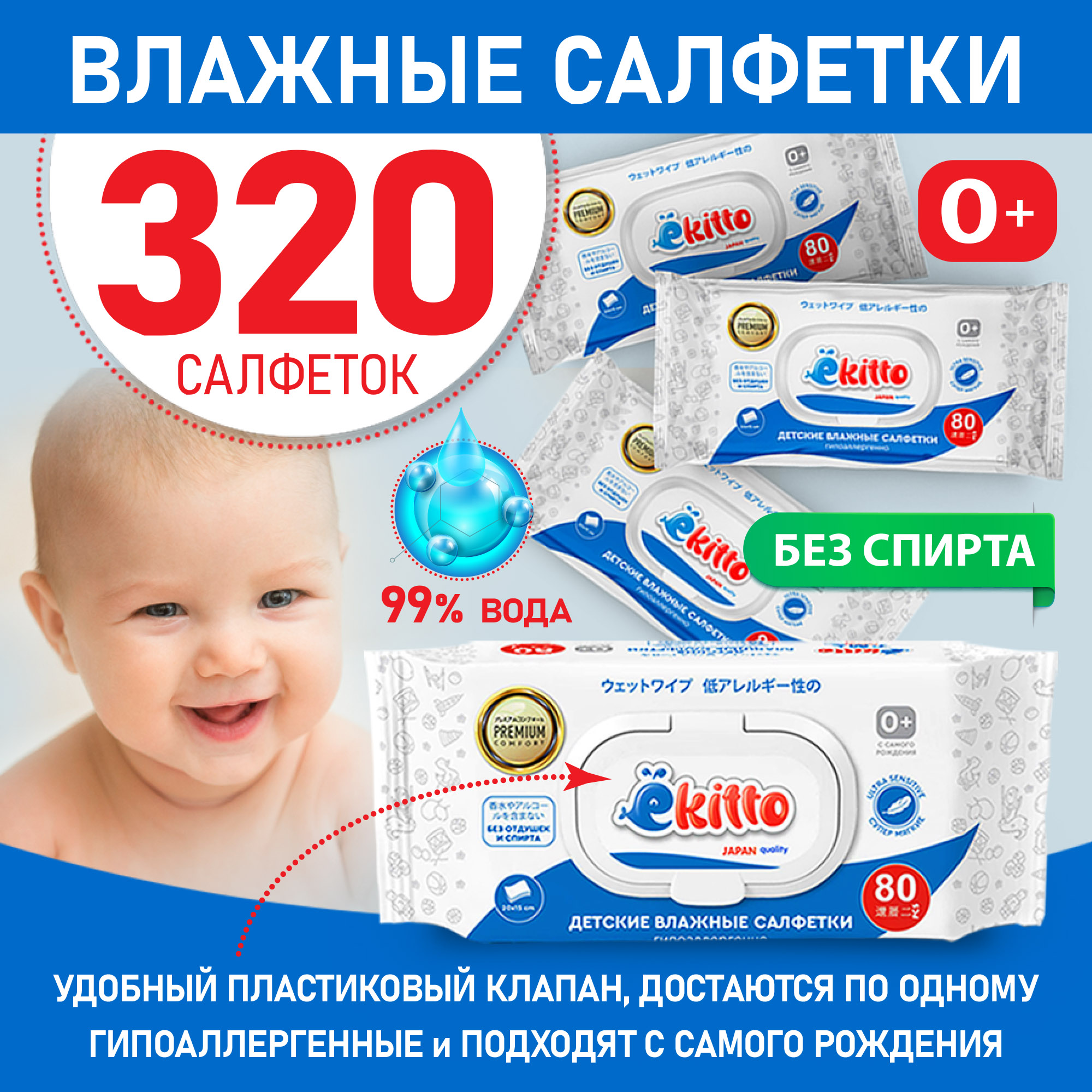 Влажные салфетки Ekitto детские для новорожденных 320 шт с пластиковым клапаном для всей семьи - фото 1