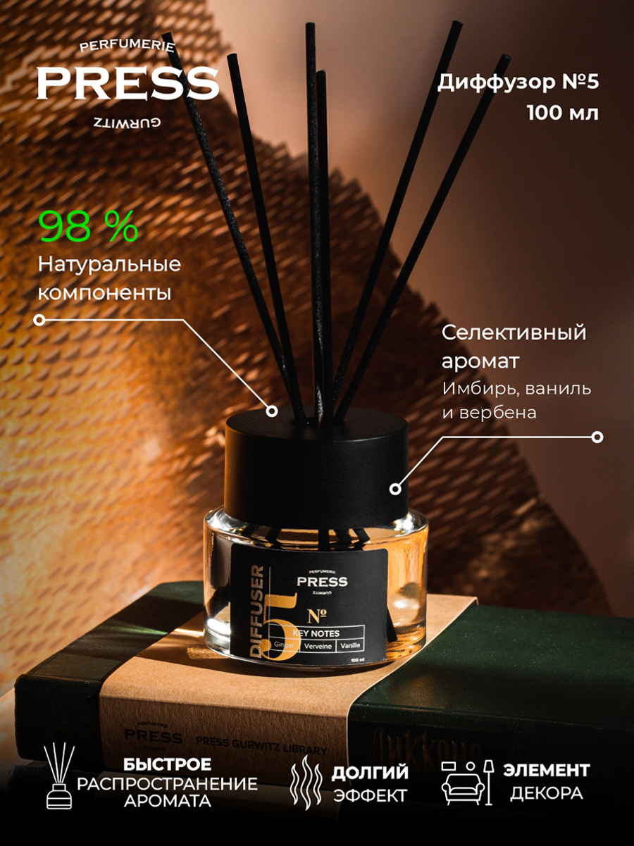 Диффузор №5 Press Gurwitz Perfumerie Ароматизатор для дома с палочками с ароматом Имбирь Ваниль Вербена - фото 3