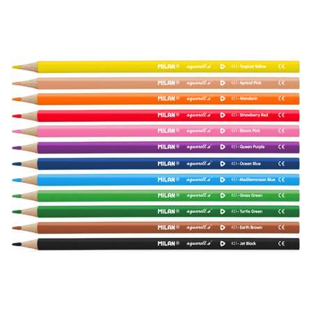 Набор цветных карандашей MILAN акварельных 12 цветов и кисть трехгранный корпус в картонной упаковке