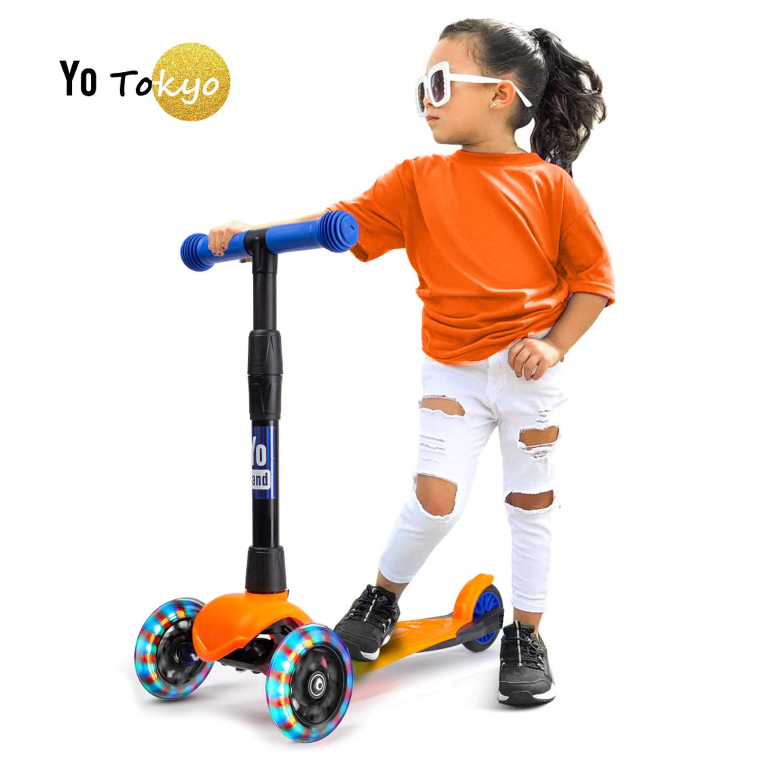Самокат детский Yo Band Tokyo легкий бесшумный светящиеся колёса оранжевый-синий - фото 1