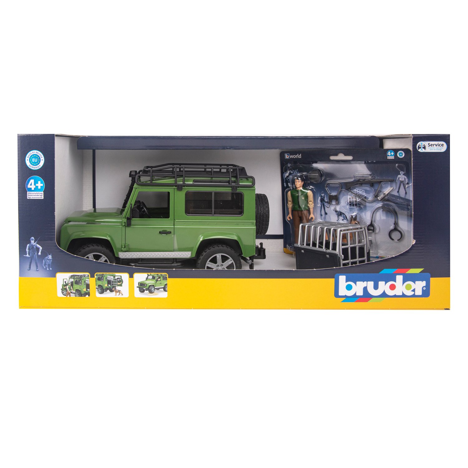 Автомобиль BRUDER 02587 Внедорожник Land Rover Defender с фигуркой и  собакой купить по цене 9209 ₽ в интернет-магазине Детский мир