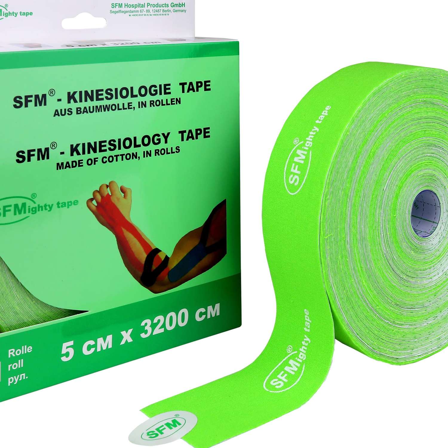 Кинезиотейп SFM Hospital Products Plaster на хлопковой основе 5х3200 см зеленого цвета в диспенсере с логотипом - фото 2