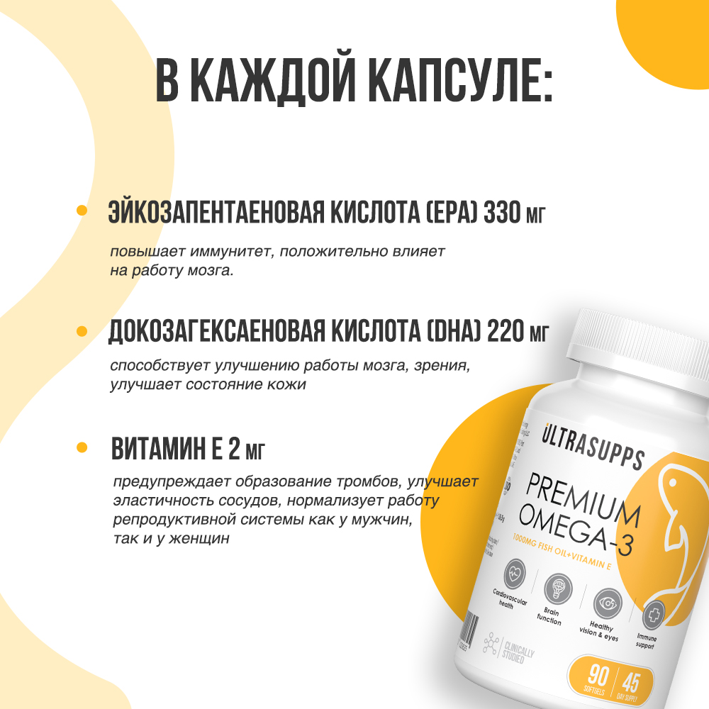 Премиум Омега - 3 + Витамин Е ULTRASUPPS 90 мягких капсул - фото 3