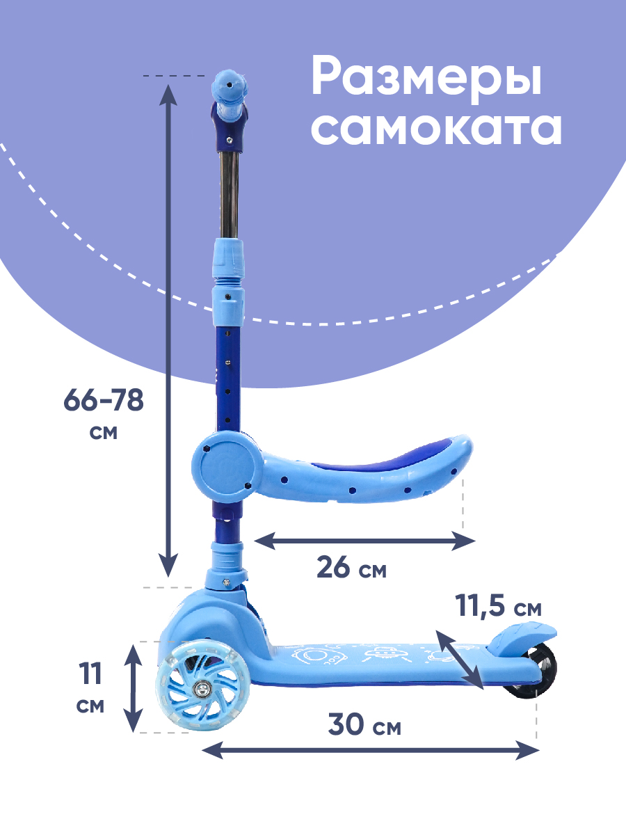 Детский самокат-кикборд 2 в 1 Solmax складной музыкальный синий SM06770