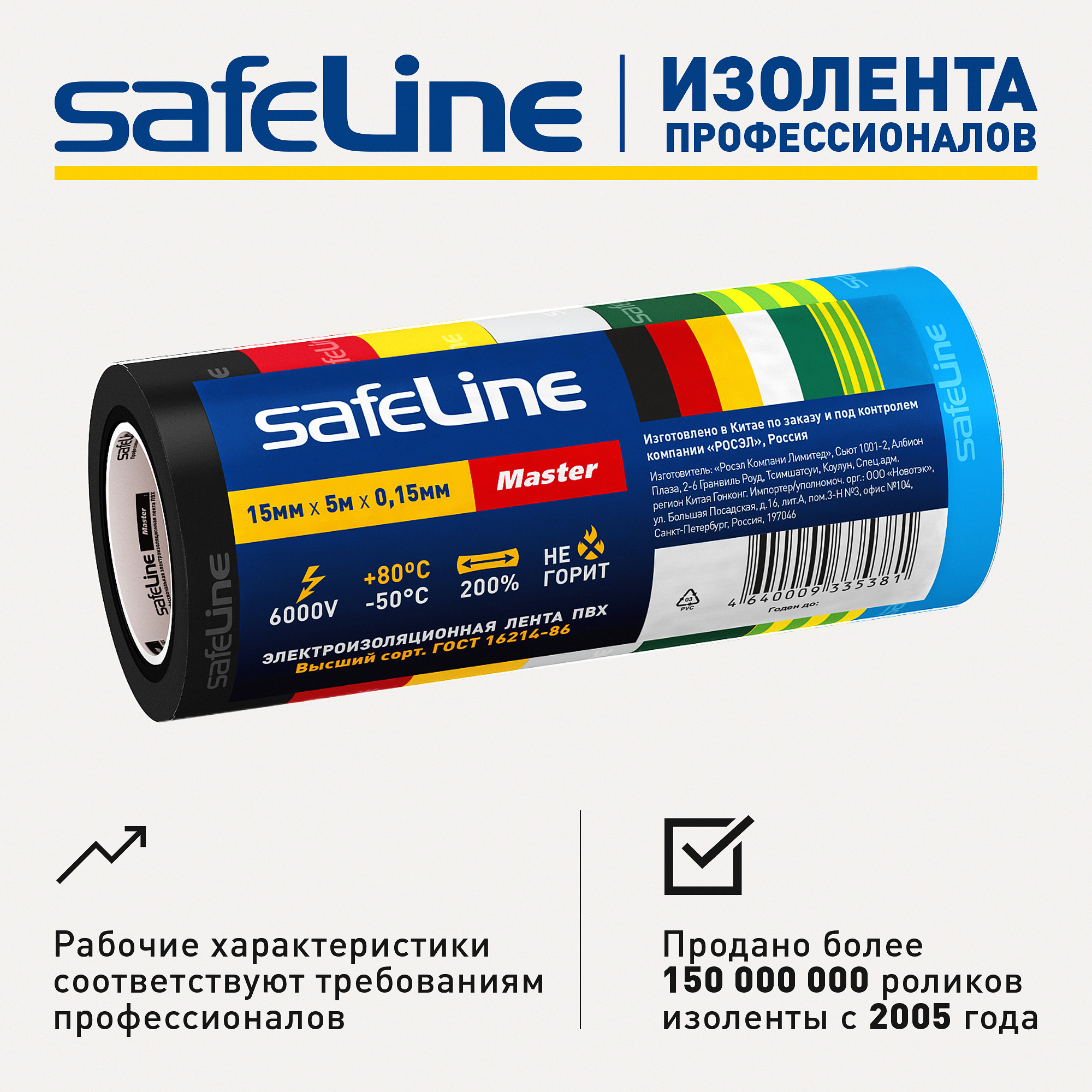 Изолента ПВХ SafeLine Master 15мм х 5м комплект 7 цветных мини-роликов - фото 4