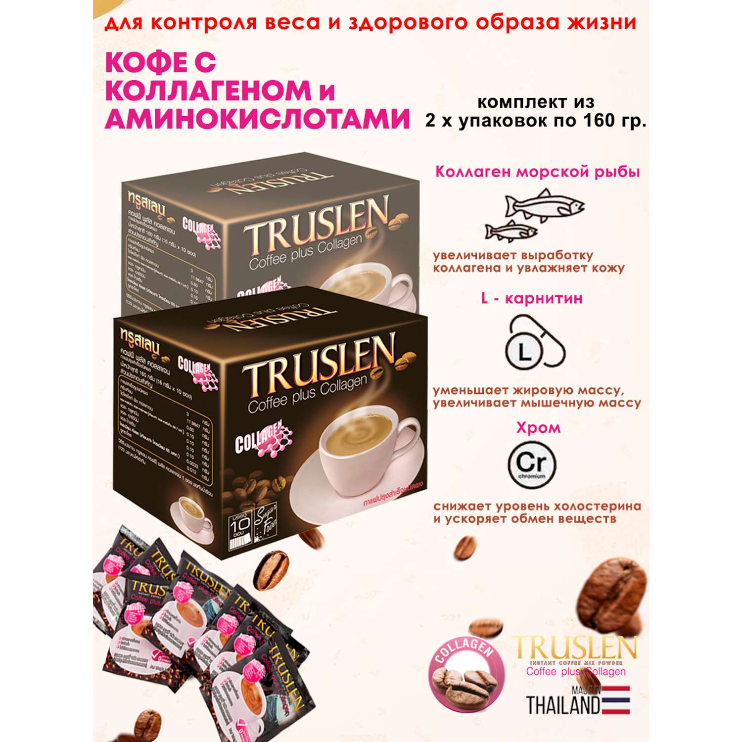 Кофейный напиток для похудения Truslen с Коллагеном и аминокислотами 2 пачки - фото 2