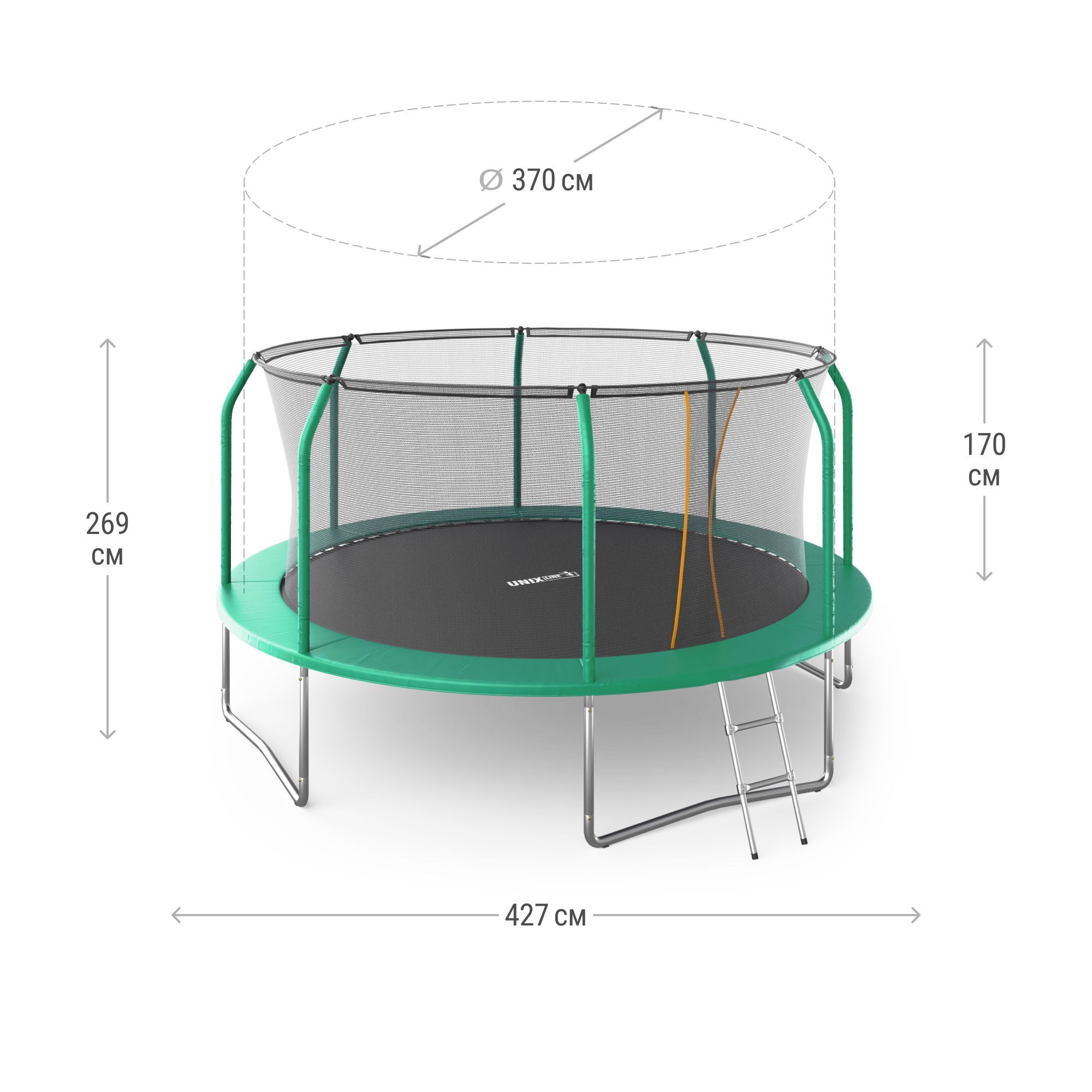 Батут каркасный supreme basic UNIX line 14 ft Green диаметр 427 см до 160 кг диаметр прыжковой зоны 370 см - фото 3