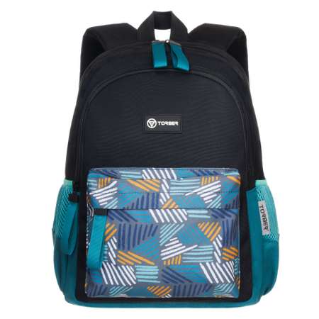 Рюкзак TORBER CLASS X Mini чёрный бирюзовый с орнаментом и Мешок для сменной обуви