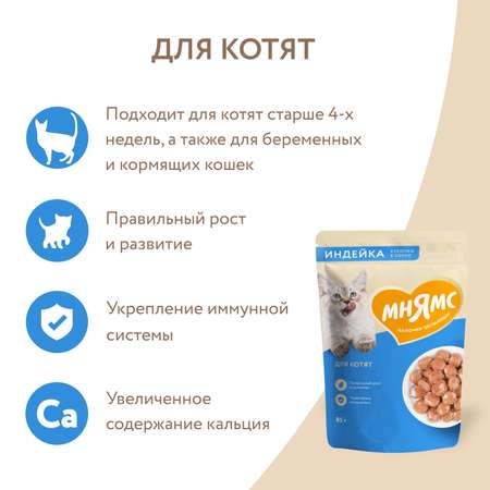 Корм для котят Мнямс 85г с индейкой кусочки в соусе пауч