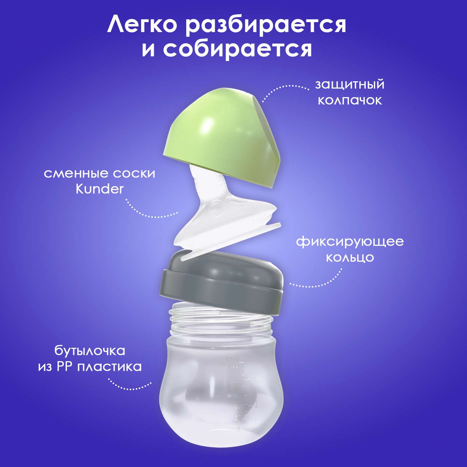 Бутылочка для кормления KUNDER 100 мл с силиконовой соской диаметр 5 см размер соски S (0+) - фото 2