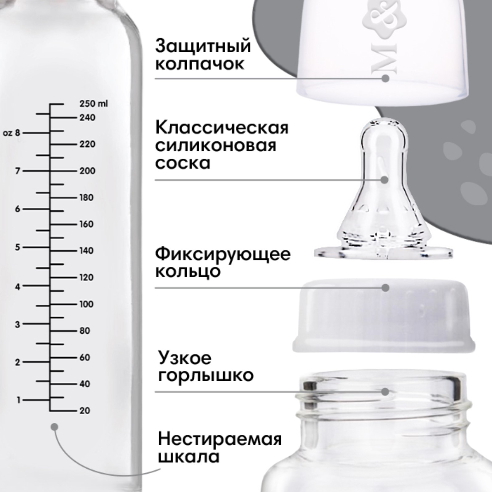 Бутылочка для кормления Mum and Baby стекло «Milk» 250 мл - фото 2