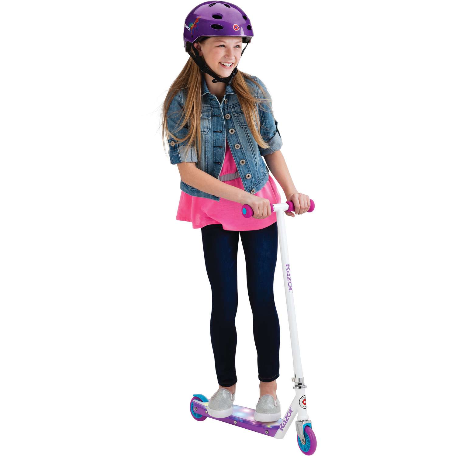 Самокат двухколёсный детский RAZOR Party Pop фиолетовый для девочек - светящаяся платформа и фиксированный руль - фото 2
