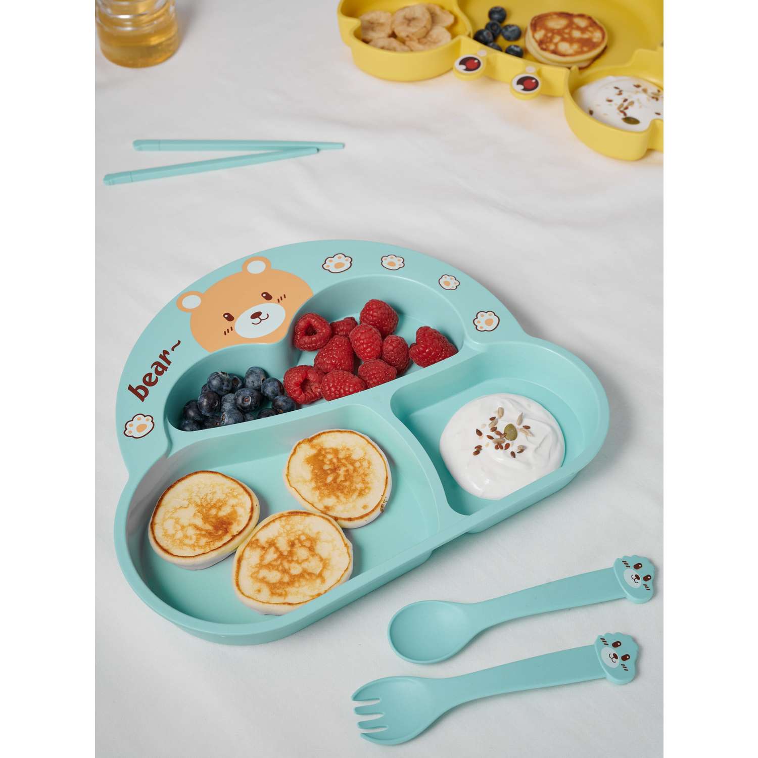 Набор детской посуды Добрый Филин Тарелка вилка ложка Медвежонок голубой 4 предмета - фото 8