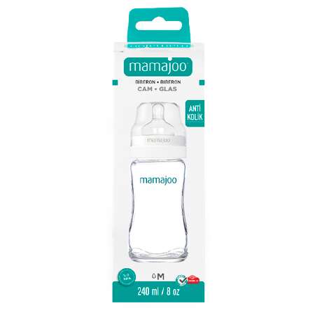 Бутылочка для кормления Mamajoo антиколиковая стеклянная 240мл M