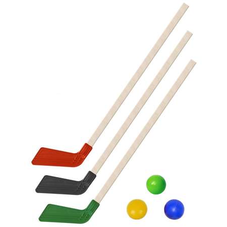 Набор для хоккея Задира Клюшка хоккейная детская 3 шт черная + красная + зеленая + 3 мяча