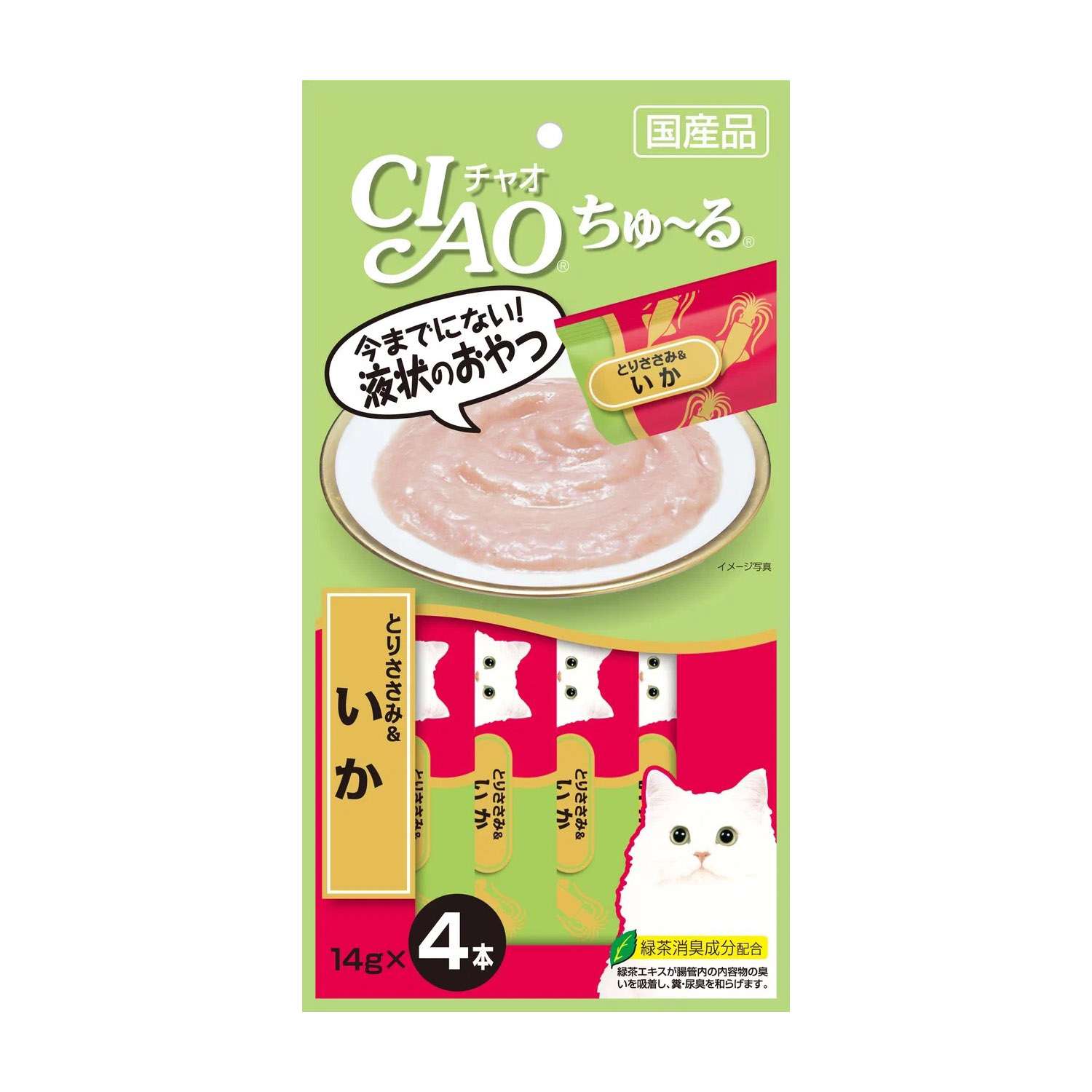 Лакомство-пюре для кошек Inaba Ciao 14г*4шт Churu куриное филе и кальмар - фото 1
