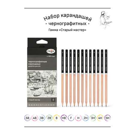 Набор карандашей Гамма чернографитных 12 шт 5B-5H картонная упаковка европодвес
