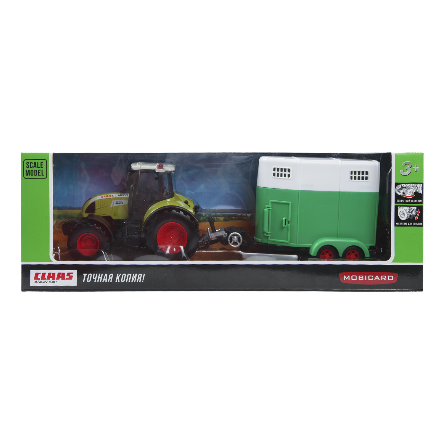 Машинка Mobicaro 1:32 Claas Tractor с загоном для лошадей 144014