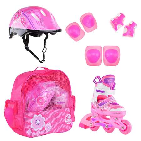 Набор роликовые коньки Alpha Caprice раздвижные Floret White Pink Violet шлем и набор защиты в сумке размер XS 27-30