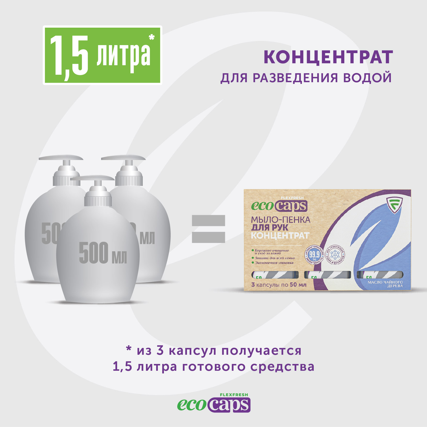 Мыло-пенка для рук EcoCaps антибактериальная с маслом чайного дерева. 3 капсулы-концентрата для разведения водой - фото 6