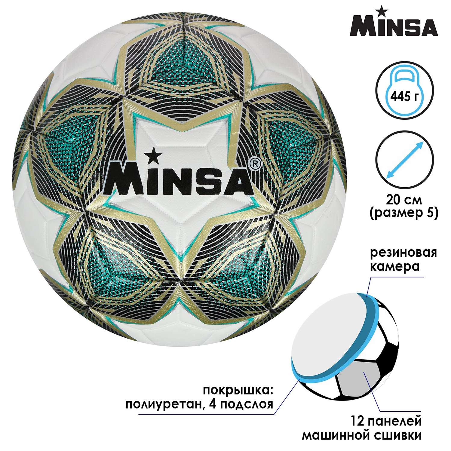 Мяч MINSA футбольный PU. машинная сшивка. 12 панелей. размер 5. 445 г - фото 2