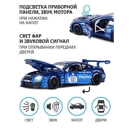 Машинка металлическая АВТОпанорама игрушка детская BMW M6 GT3 1:24 синий