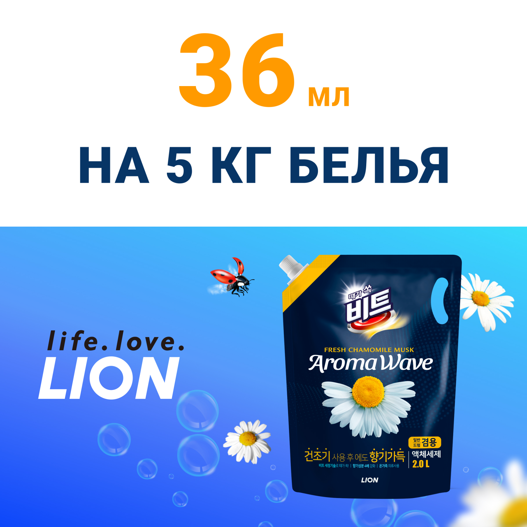 Жидкое средство для стирки Lion Aromawave с ароматом ромашки мягкая упаковка 2 л - фото 5