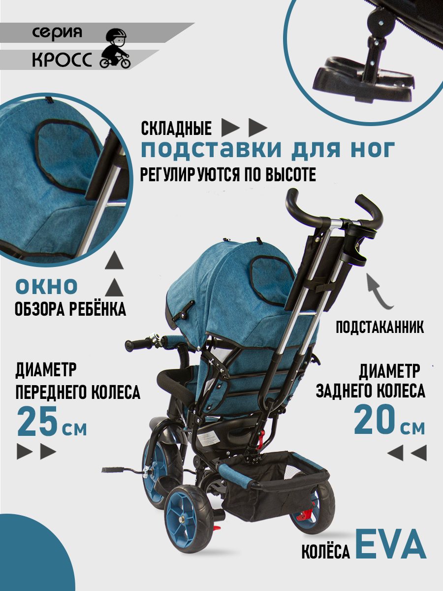 Велосипед трёхколесный Velobibi КРОСС Бирюзовый Колеса EVA - фото 6