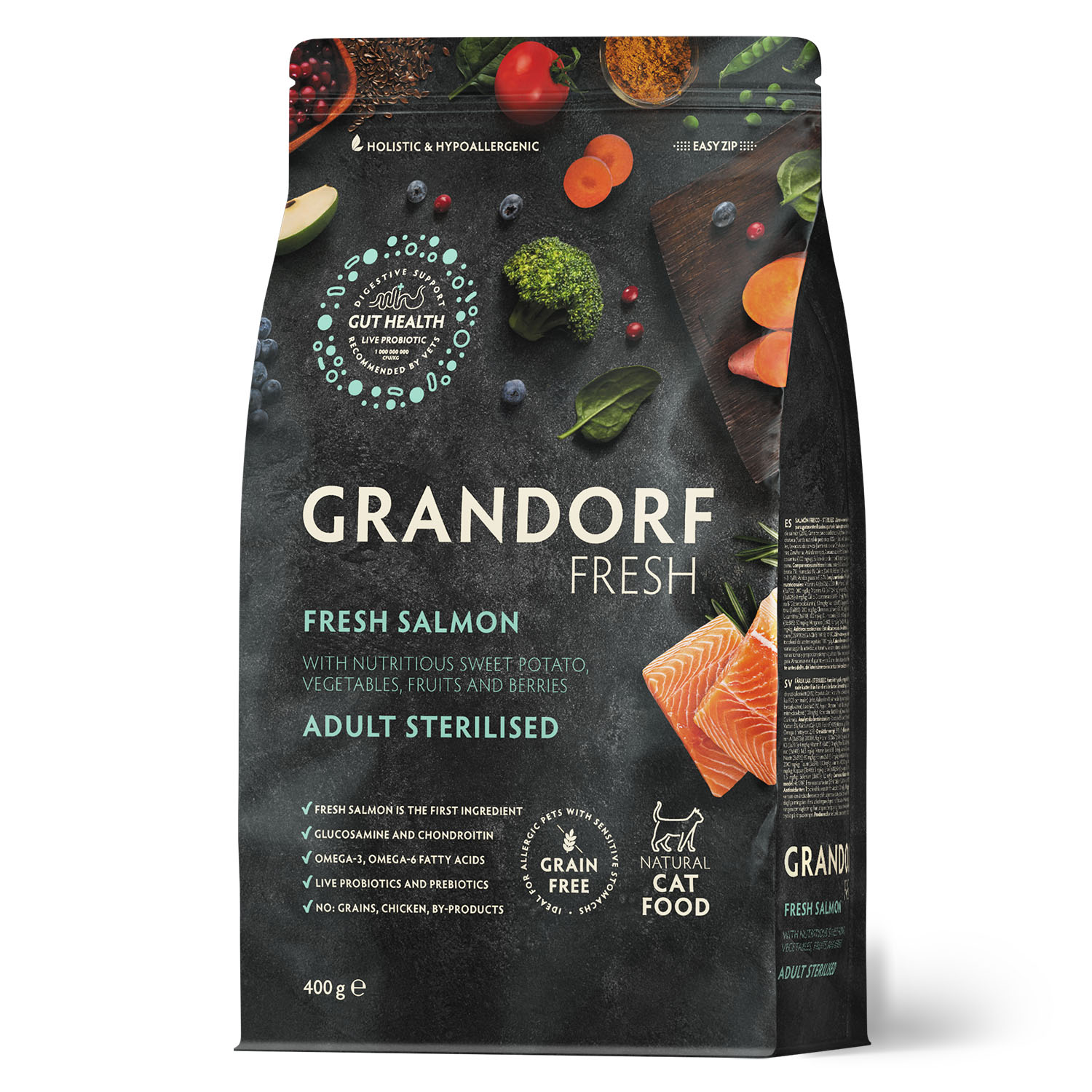 Корм для кошек GRANDORF FRESH Fresh Cat Sterilised Salmon/Sweet Potato 400г свежее филе лосося с бататом д/стерил-ых беззерн с жив пр - фото 1