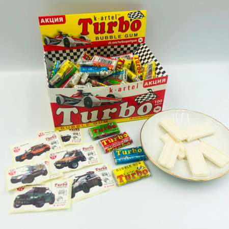Жевательная резинка Turbo Турбо Блок 100 шт по 4.5 гр с наклейками-картинками машин и их техническим описанием