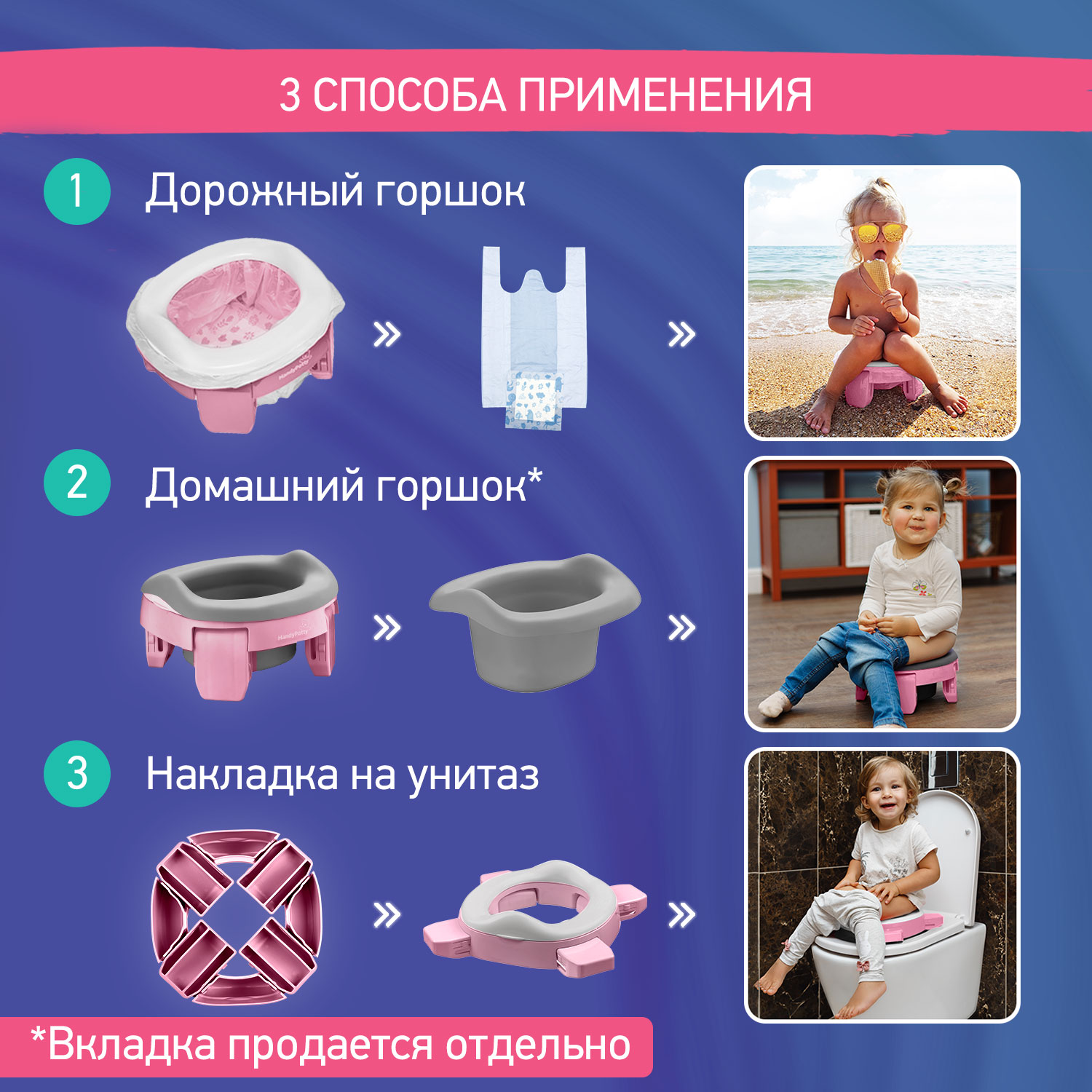 Горшок дорожный ROXY-KIDS складной и насадка на унитаз HandyPotty с тремя пакетами цвет розовый - фото 2