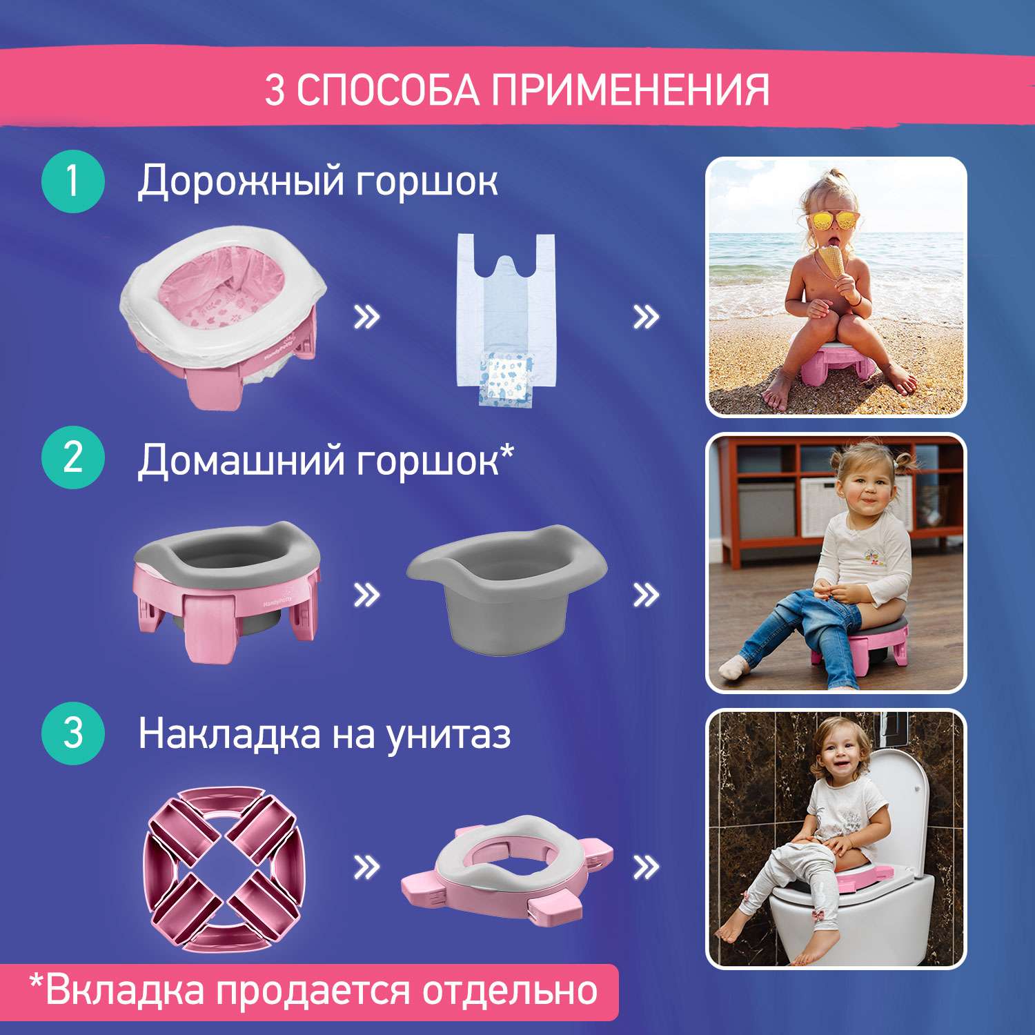 Горшок дорожный ROXY-KIDS складной и насадка на унитаз HandyPotty с тремя пакетами цвет розовый - фото 2