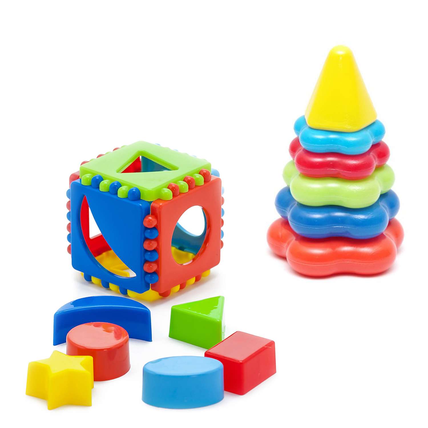 Развивающие игрушки Karolinatoys для малышей Набор Сортер Кубик логический малый + Пирамидка малая - фото 1