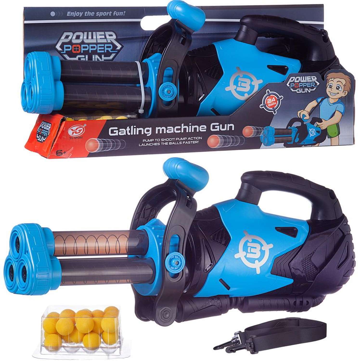 Бластер Junfa пулемет трехствольный с ремнем с 24 мягкими шариками голубой - фото 1