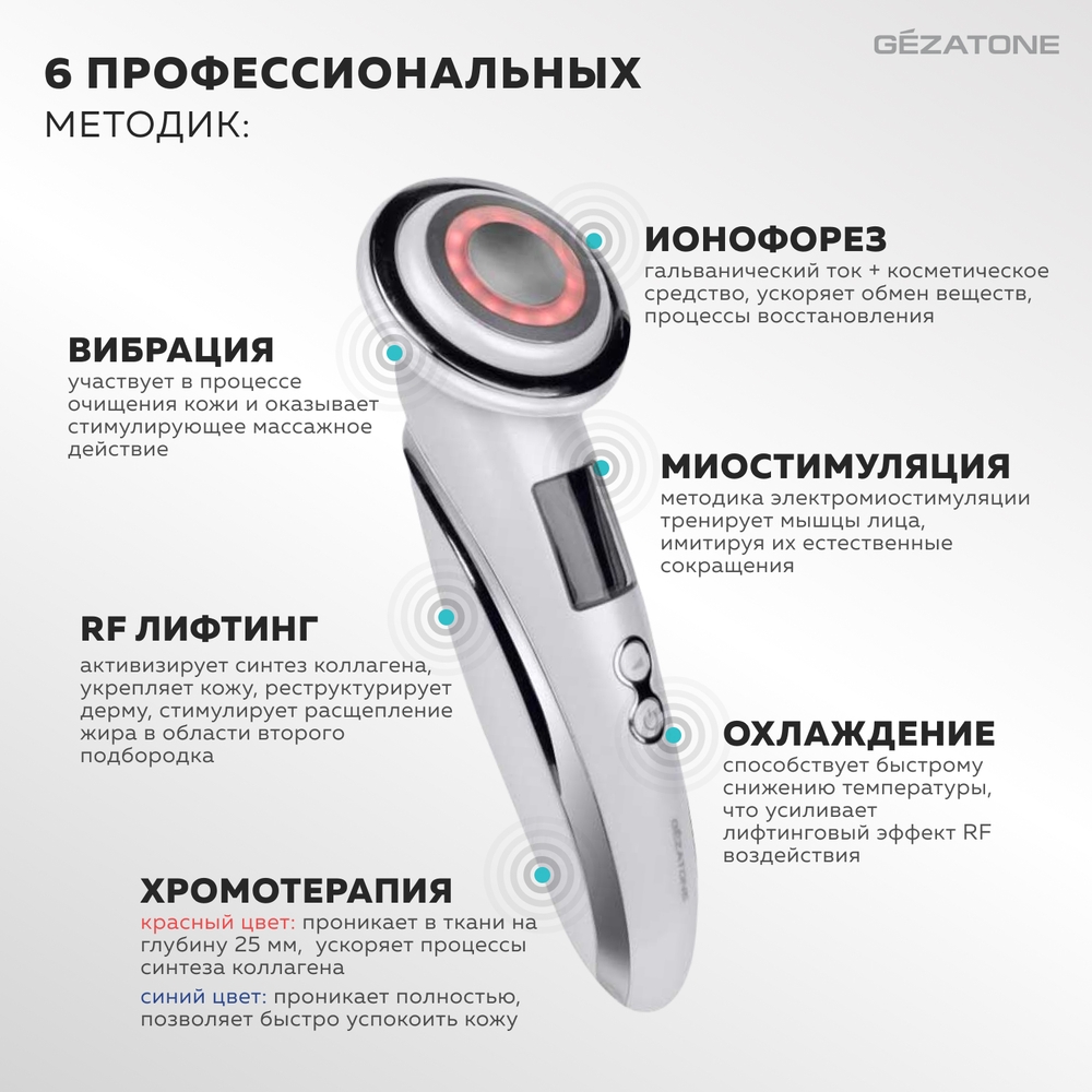 Аппарат для лица Gezatone для лифтинга и омоложения кожи лица 6 в 1 RF-1610 - фото 8