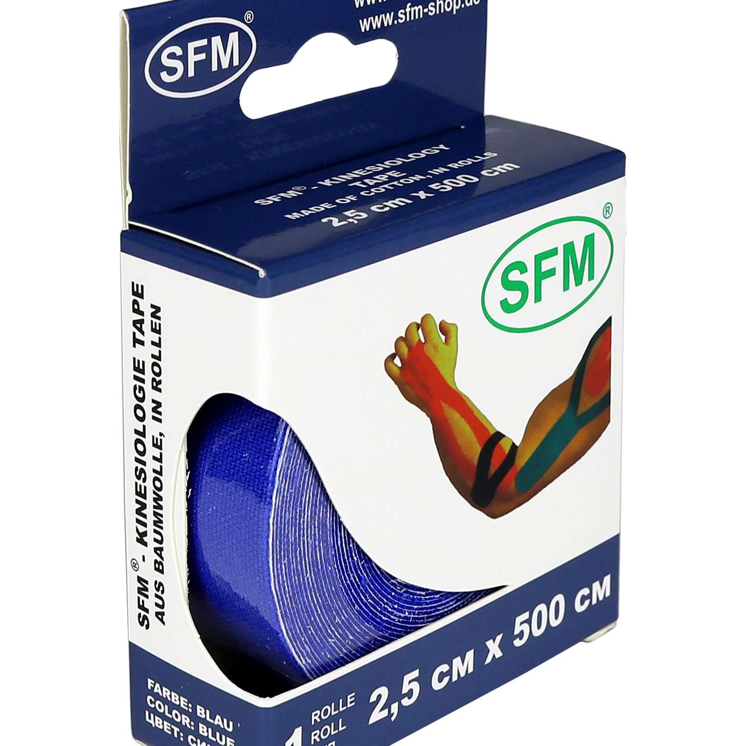 Кинезиотейп SFM Hospital Products Plaster на хлопковой основе 2.5х500 см синего цвета в диспенсере - фото 1