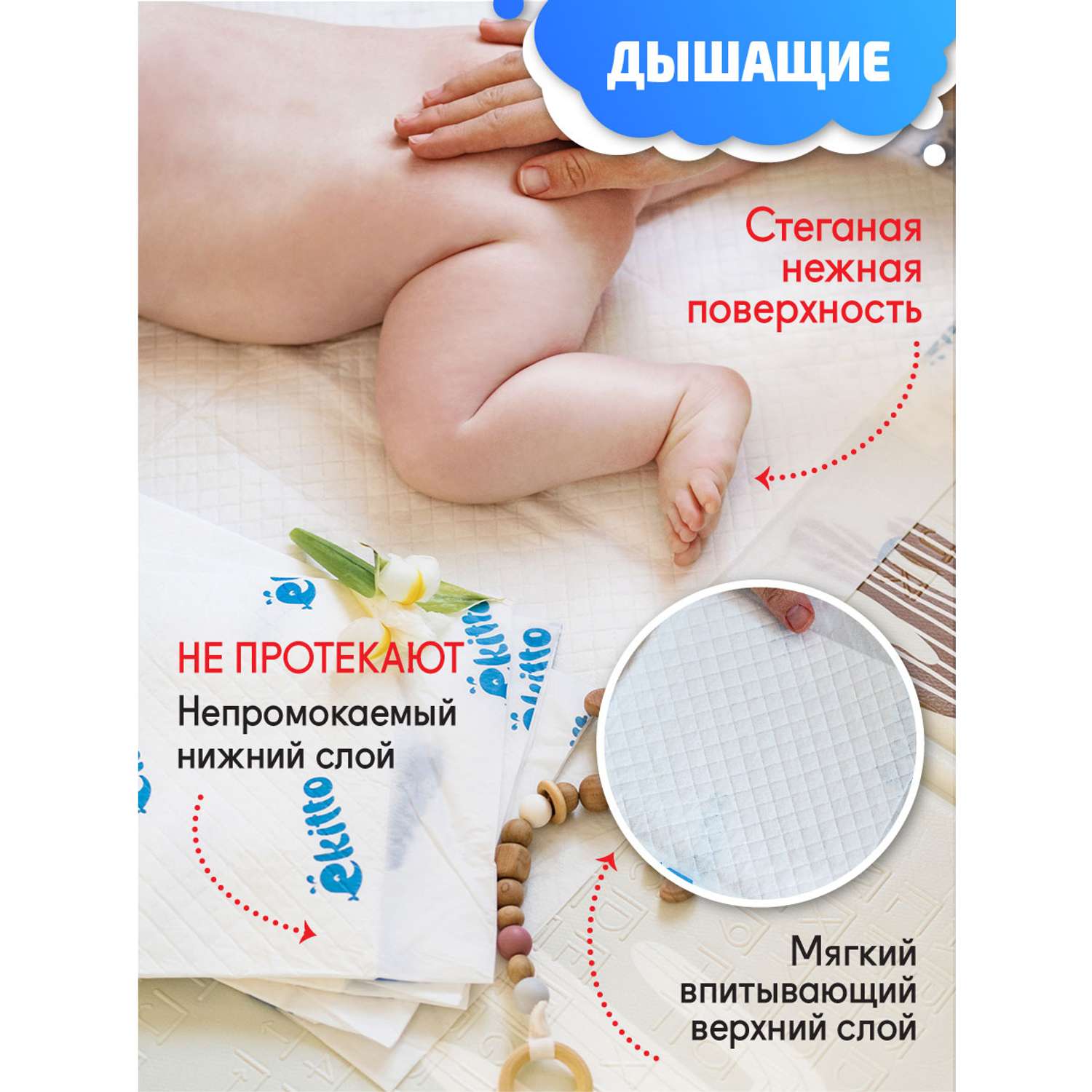 Пеленки одноразовые Ekitto для новорожденных впитывающие 60х90 30 шт - фото 5