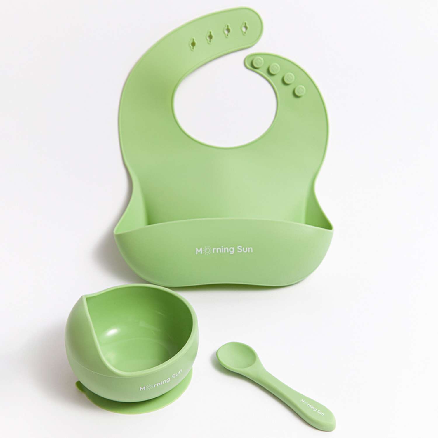 Набор для кормления Morning Sun силиконовый нагрудник тарелка и ложечка детская светло-зеленый - фото 1
