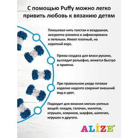 Пряжа для вязания Alize puffy 100 г 9 м микрополиэстер фантазийная плюшевая 646 петроль 5 мотков