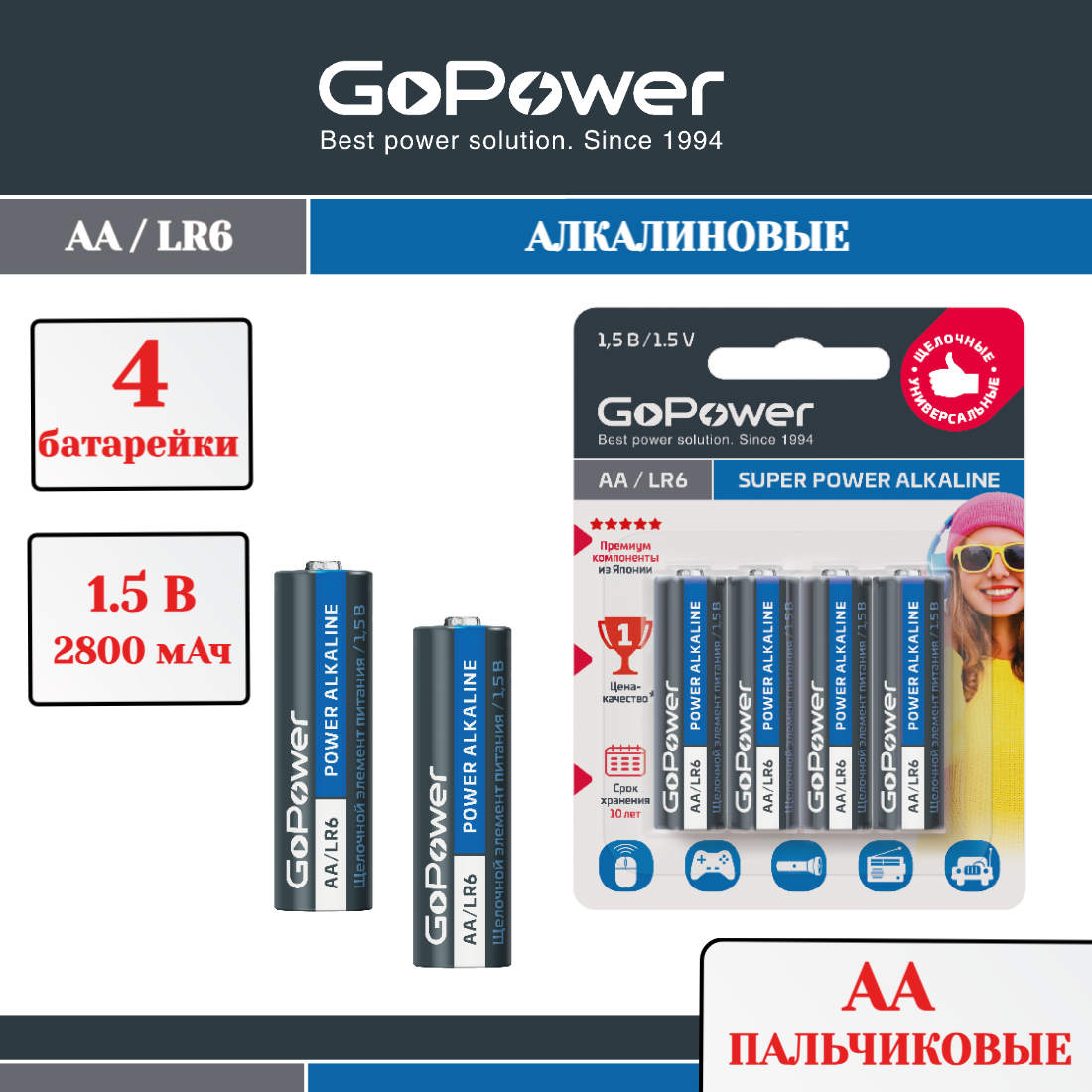 Батарейка AA GoPower Батарейка GoPower LR6 AA BL4 Alkaline 1.5V - фото 1