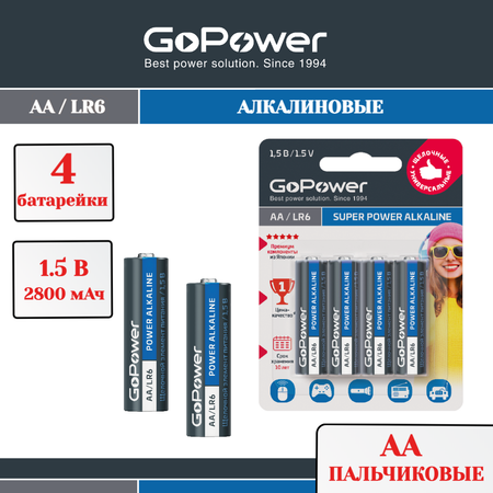 Батарейка AA GoPower Батарейка GoPower LR6 AA BL4 Alkaline 1.5V