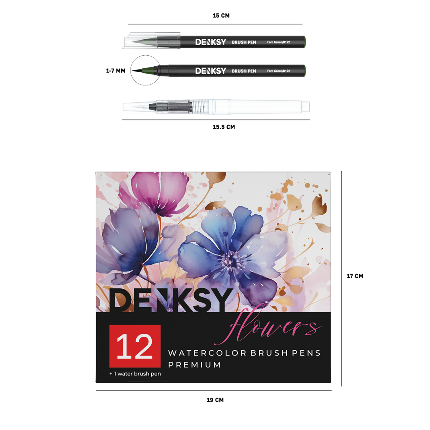 Акварельные маркеры DENKSY 12 Flowers цветов в черном корпусе и 1 кисть с резервуаром - фото 9