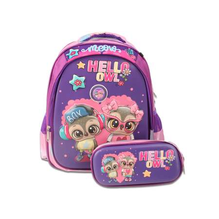 Рюкзак школьный с пеналом Little Mania Совы фиолетовый