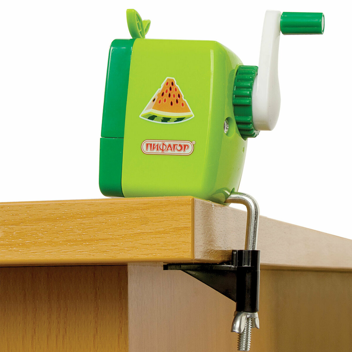 Точилка механическая Пифагор настольная для карандашей с контейнером для стружки зеленая с красным - фото 10