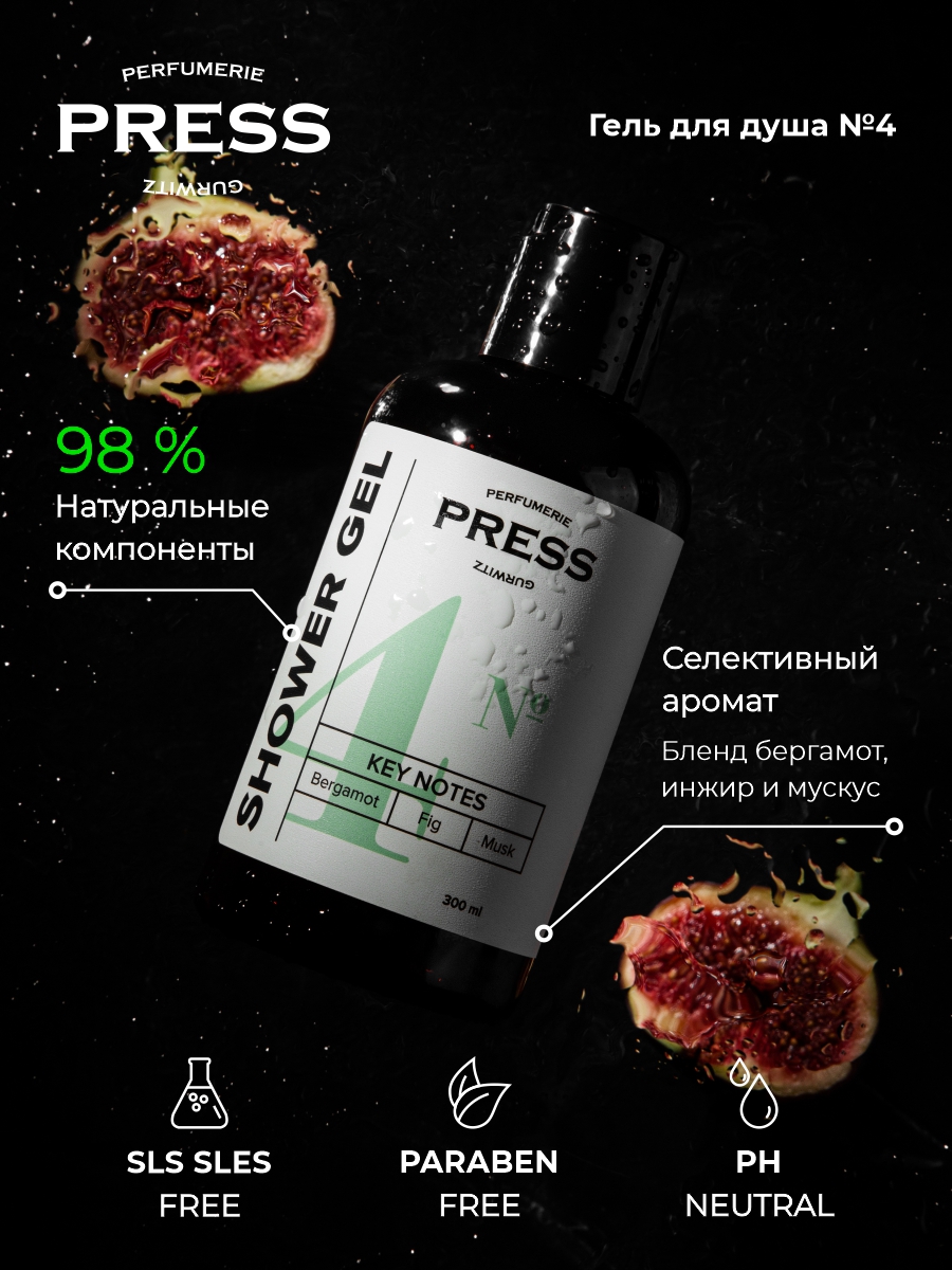 Гель для душа №4 Press Gurwitz Perfumerie Парфюмированный с Бергамот Инжир Мускус натуральный бессульфатный - фото 2