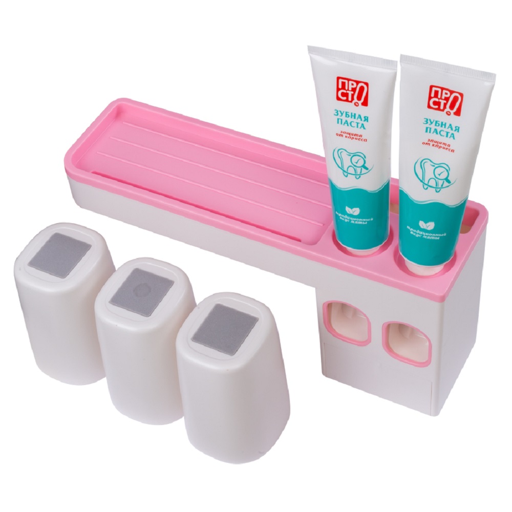 Диспенсер OLSA-Aijiawang для зубных щеток 3 в 1 настенный с дозатором для пасты 3 стакана розовый - фото 3