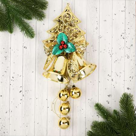 Украшение Зимнее волшебство новогоднее «Уютная сказка» ёлка и колокольчики с зеленью14х37 см золото