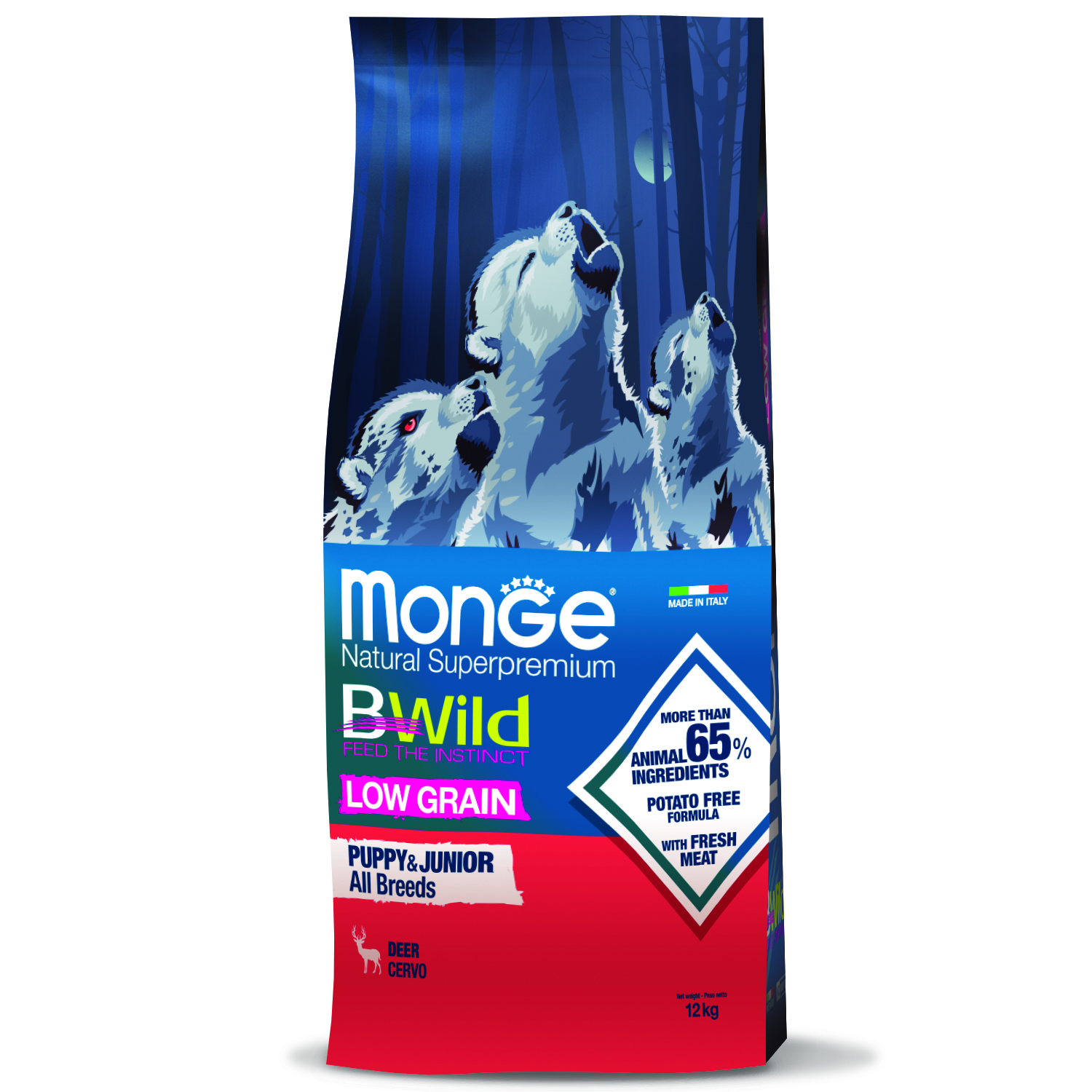 Корм для щенков Monge 12кг Dog BWild Low grain Puppy and junior низкозерновой из мяса оленя - фото 1