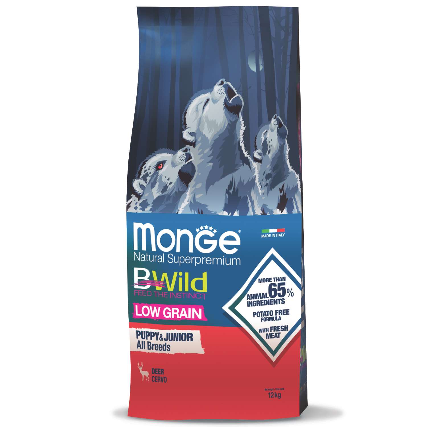 Корм для щенков Monge 12кг Dog BWild Low grain Puppy and junior низкозерновой из мяса оленя - фото 1